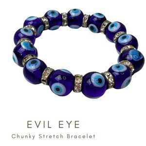 NWT Glass Evil Eye Chunky Bead Stretch Bracelet with Rhinestone Spacers OSFA